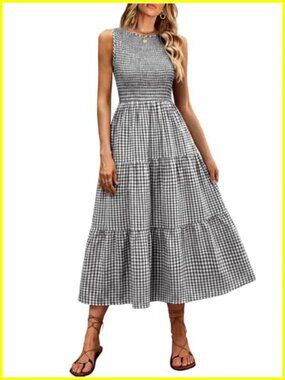 Sleeveless Crewneck Maxi Dress Smocked Tiered Bohemian Casual Flowy Beach